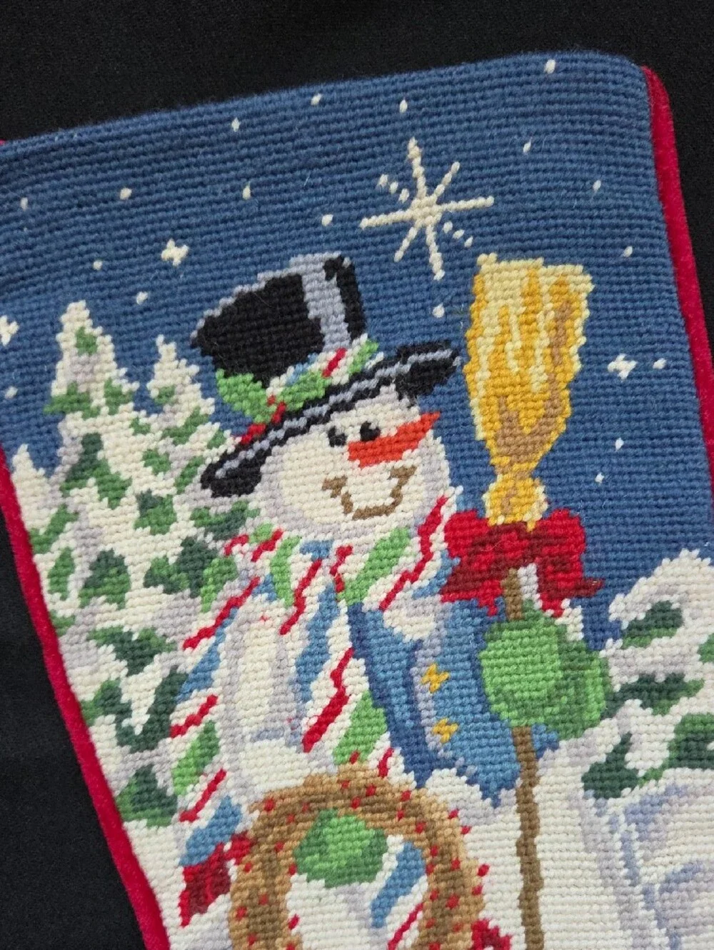 Holiday Snowman Needlepoint Stocking in Blue and White